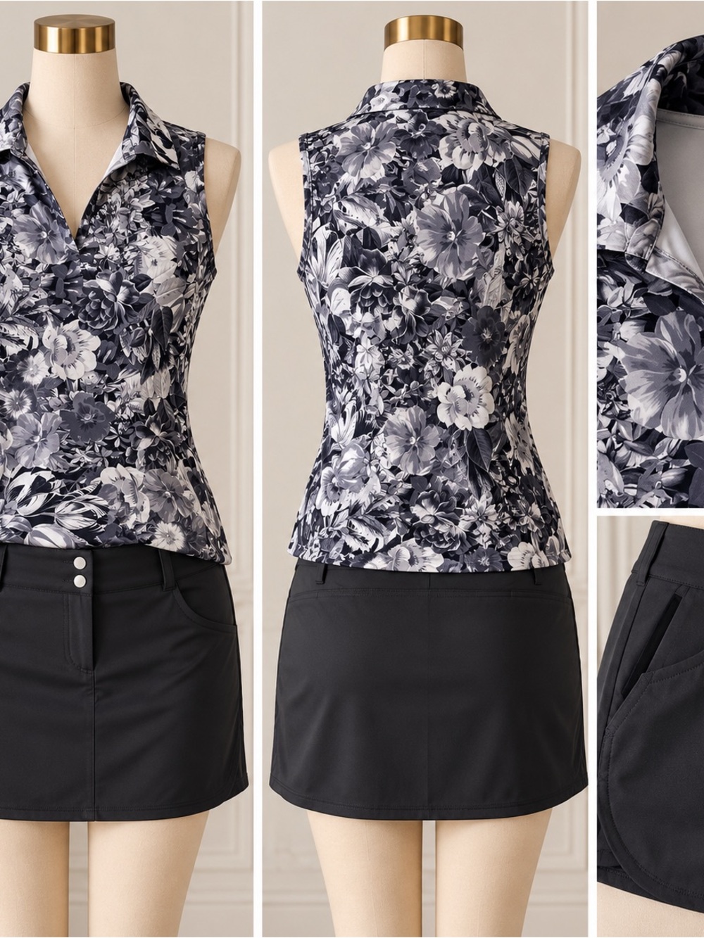 2 piece set-Sleeveless Collared Floral Top - Black & White